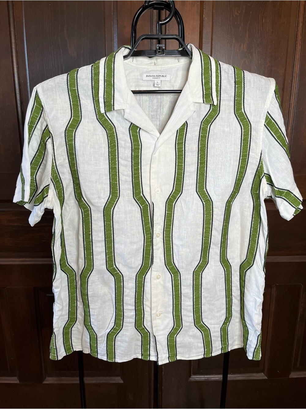 Banana Republic Embroidered Linen Shirt Short Sleeve Men's L Green Geometric